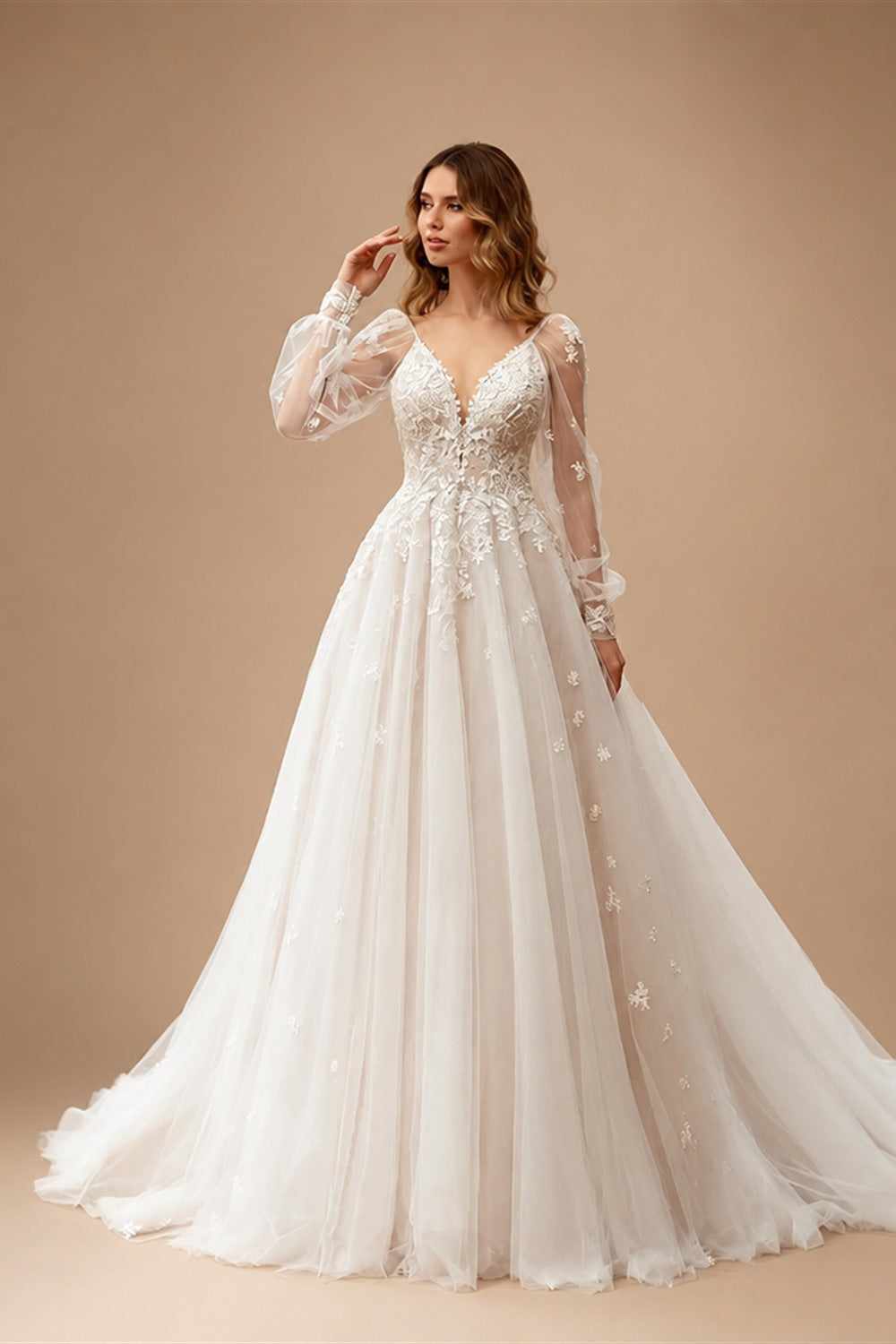 ANGEL Boho A-Line Lace Wedding Dresses Customized For Woman Long Puff Sleeves Tulle Bridal Gowns Applique Bride Dress Plus Size
