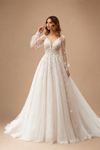 ANGEL Boho A-Line Lace Wedding Dresses Customized For Woman Long Puff Sleeves Tulle Bridal Gowns Applique Bride Dress Plus Size