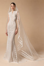Elegant Ivory High Neck Sheer Lace Long Sleeves Mermaid Wedding Dress with Veil ZP085