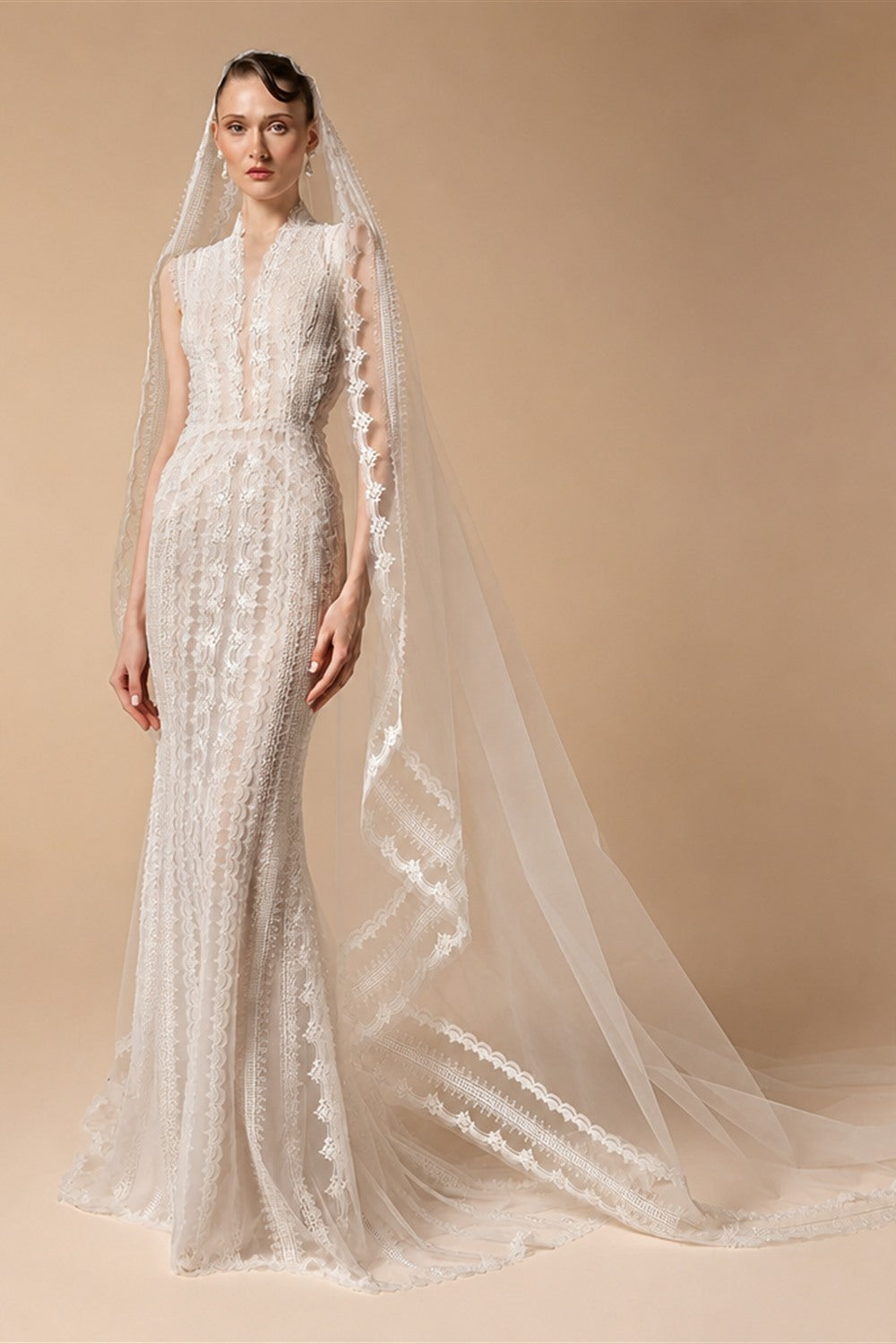 Elegant Ivory High Neck Sheer Lace Long Sleeves Mermaid Wedding Dress with Veil ZP085
