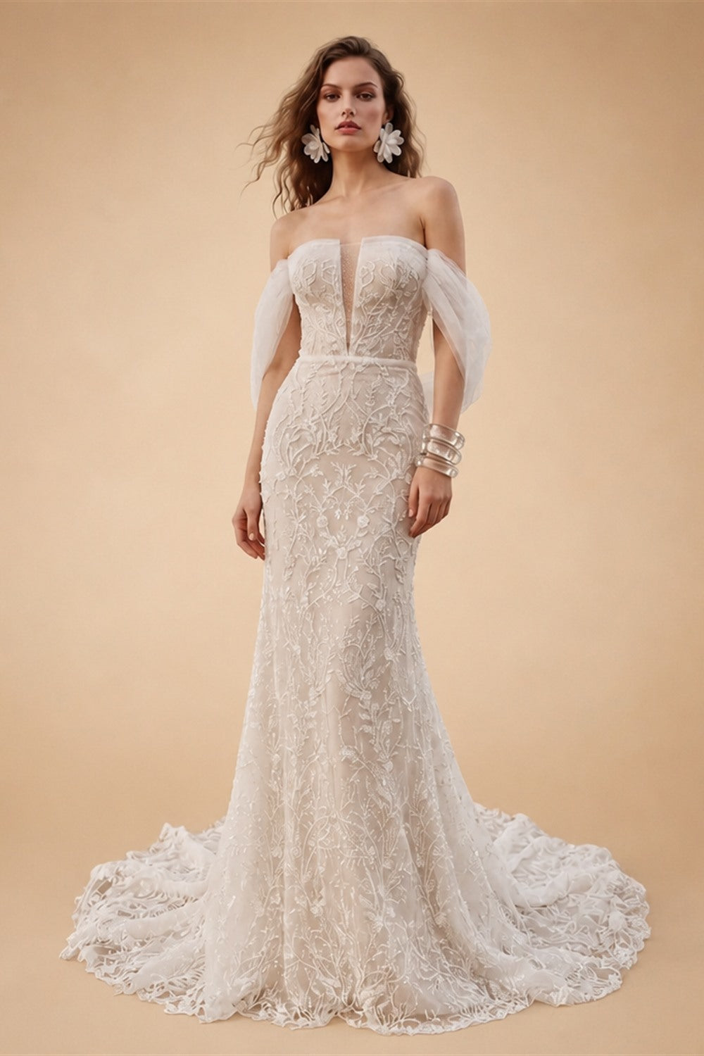White Nude Lace Mermaid Wedding Dress Luxury Beaded Sequins   Tulle Gloves ZP032