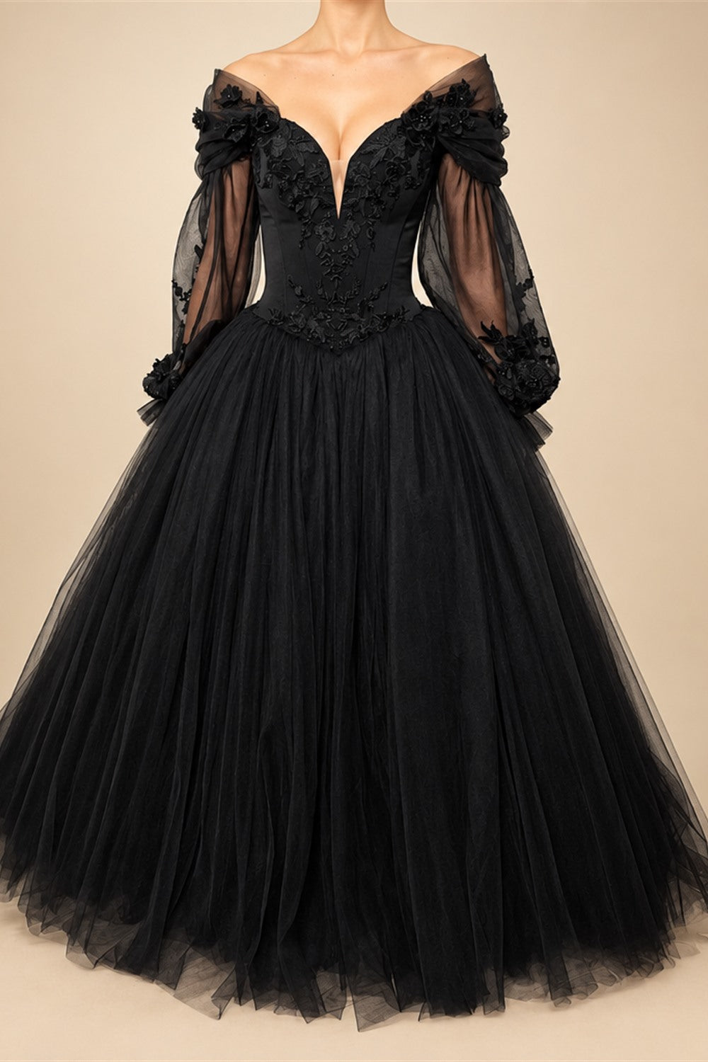 Black Luxury Gothic Wedding Dress 3D Floral Corset Tulle Ball Gown With Train  ZP201