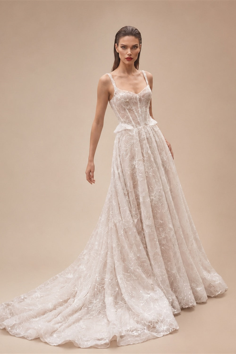 Luxury Ivory Square Neck Corset Lace Tulle A-Line Wedding Dress with Train ZP064