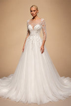Glamorous White Illusion Neck Lace & Tulle Wedding Dress with Cathedral Train ZP063