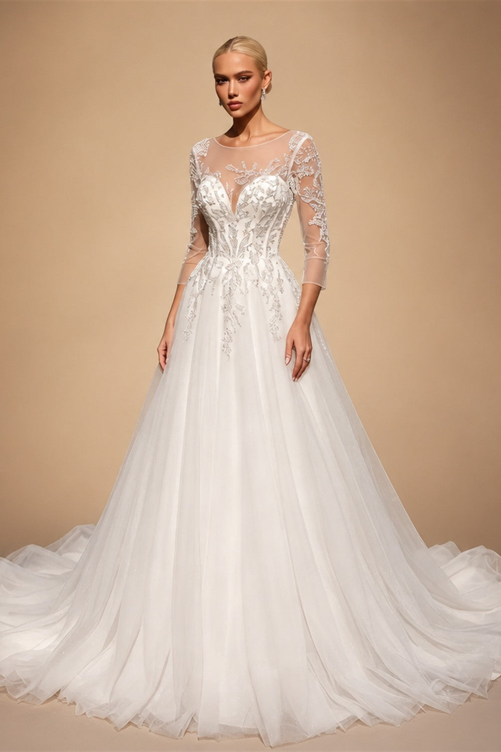 Glamorous White Illusion Neck Lace & Tulle Wedding Dress with Cathedral Train ZP063