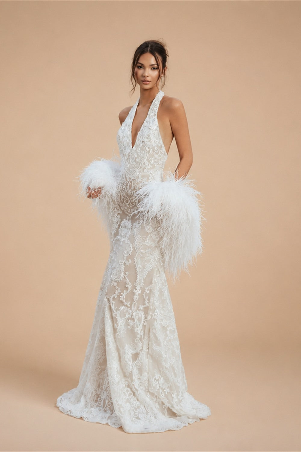 White Halter Backless Lace Mermaid Wedding Dress with Feather Shawl ZP003