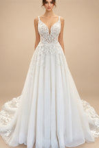 Flowy A Line Tulle V Neck Wedding Dress With Custom Made Beach Bridal Gown