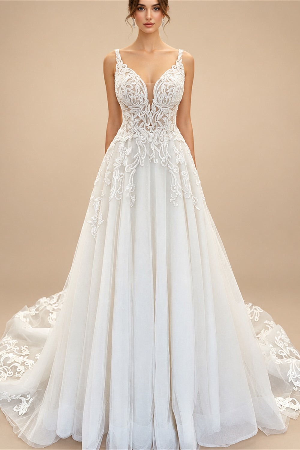 Flowy A Line Tulle V Neck Wedding Dress With Custom Made Beach Bridal Gown