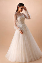 Elegant White Long Sheer Sleeve A-Line Tulle Wedding Dress with Lace Appliqués ZP057
