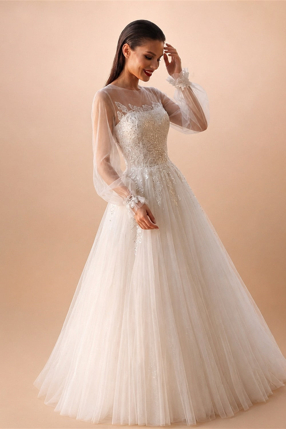 Elegant White Long Sheer Sleeve A-Line Tulle Wedding Dress with Lace Appliqués ZP057