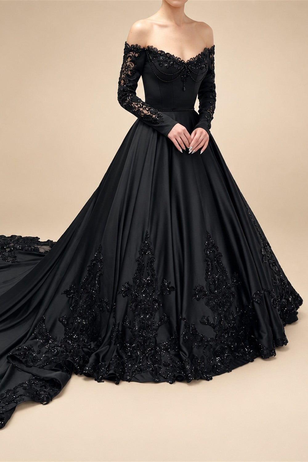 Black Luxury Gothic Wedding Dress Heavy Beading Lace Ball Gown ZP198