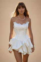 Luxury Ivory Delicate Lace Trim Sweetheart Flared Ruffle Wedding Dress ZP045