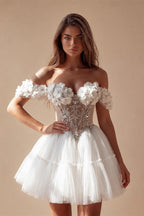 Charming Off-Shoulder 3D Flowers Corset Mini Wedding Dress ZP019