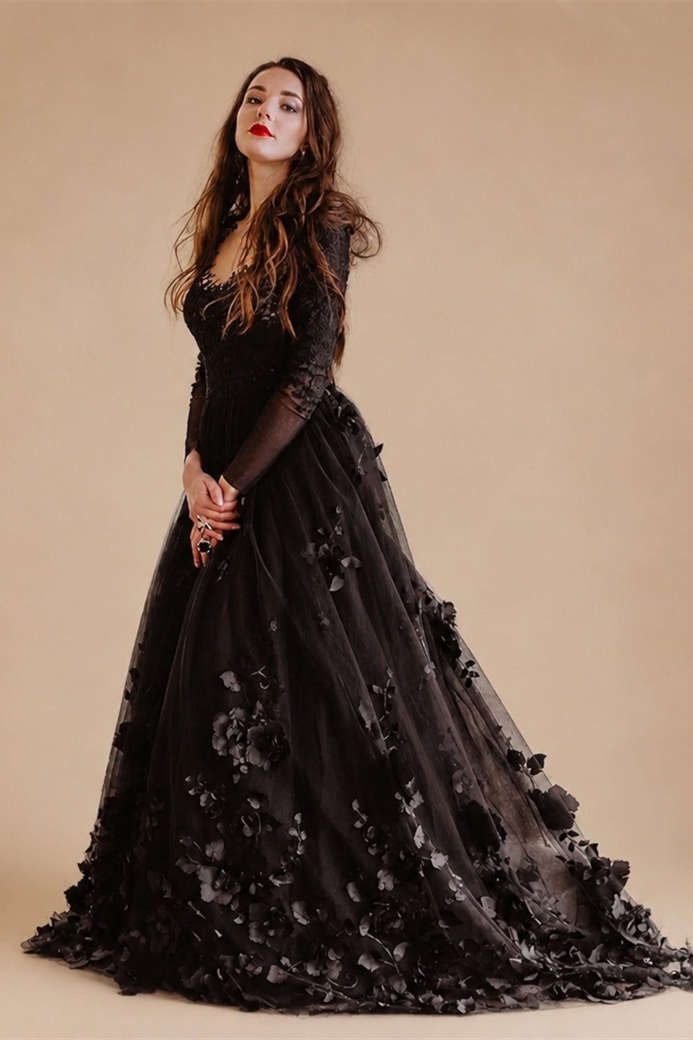 Black Luxury Gothic Wedding Dress 3D Floral Lace Tulle Sweep Train ZP026