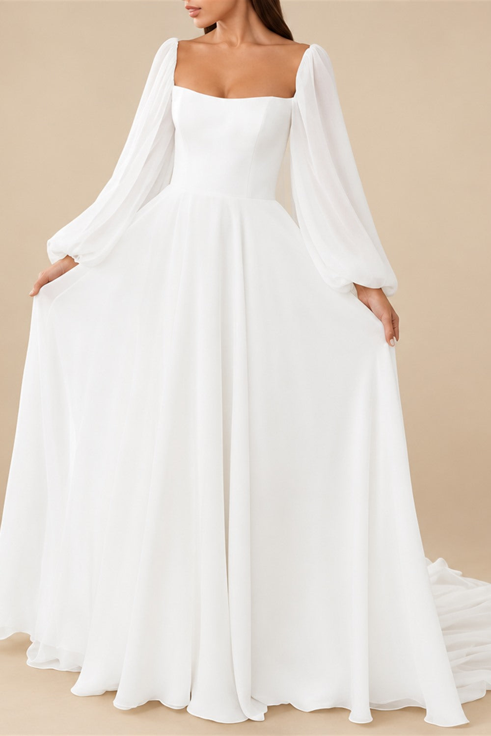 Hall Casual Wedding Dresses A-Line Square Neck Long Sleeve Court Train Chiffon Bridal Gowns With Bow(s) Solid Color