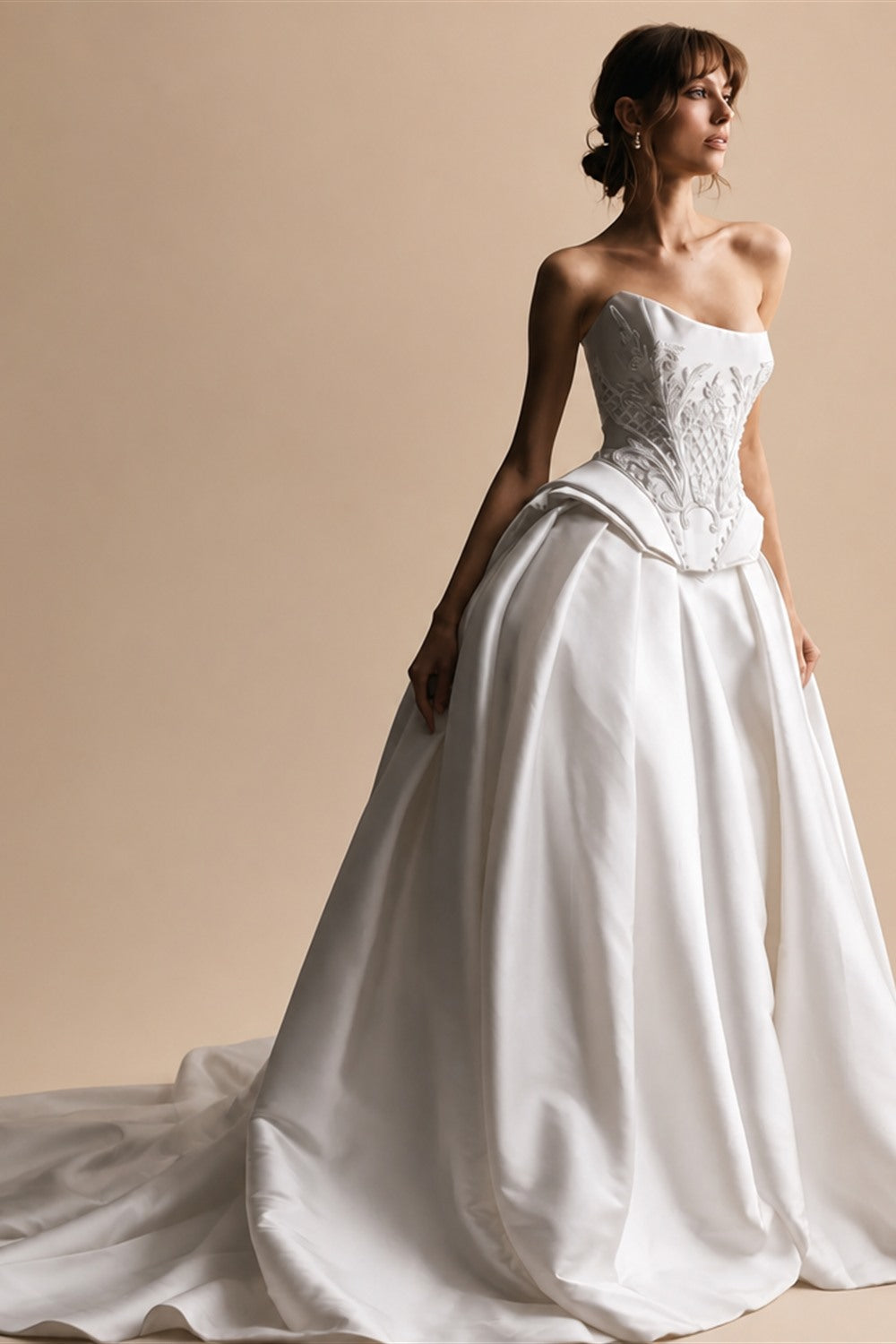 Luxury White Satin Strapless Beaded Ball Gown Train Wedding Dress ZP152