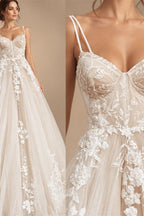 Princess Lace Wedding Dress Bridal Robe 2024 Vestido Spaghetti Straps Chapel Train Champagne Tulle Wedding Gown (ZD02147)