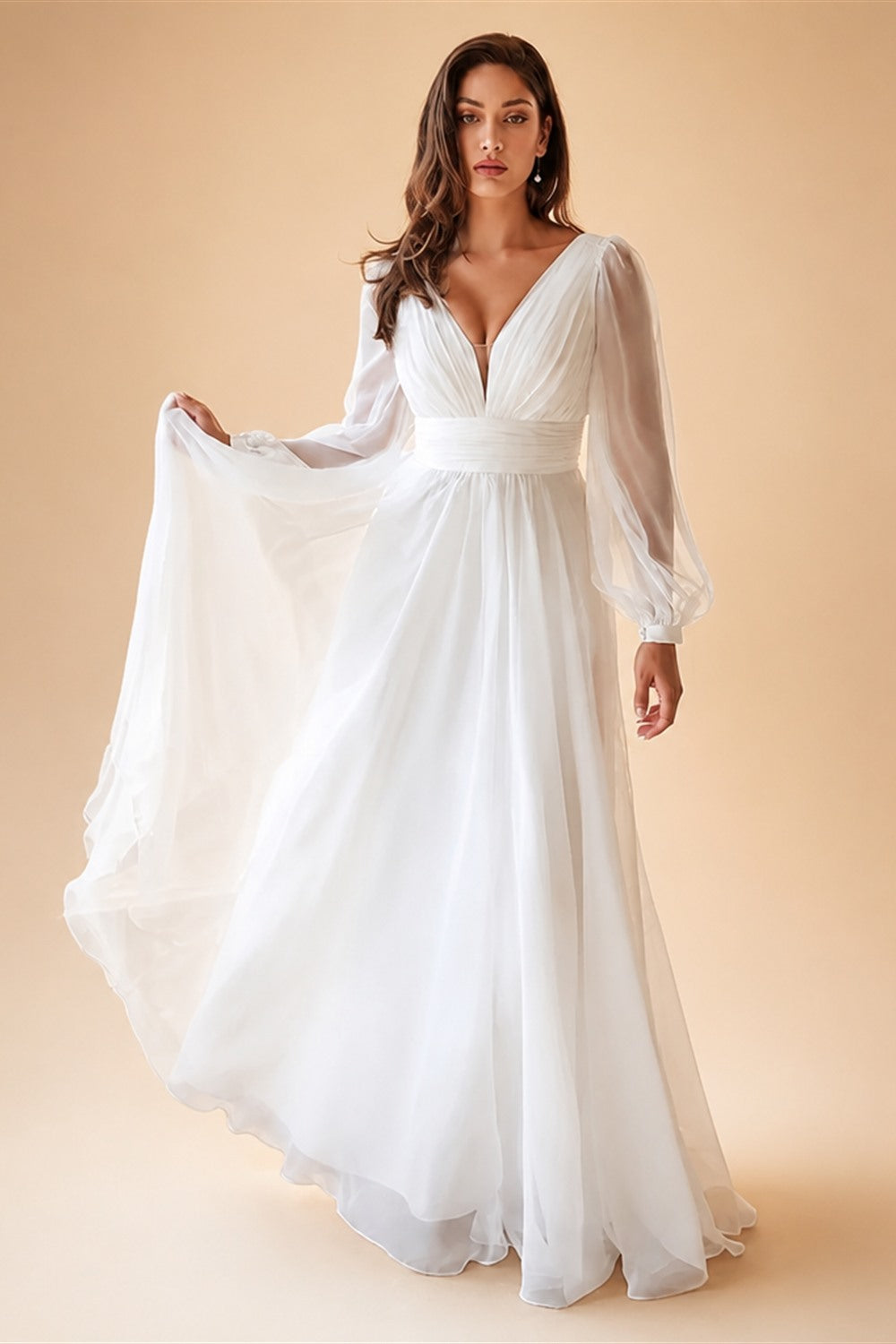 Plus Size Chiffon Wedding Dress With Long Sleeve V Neck And Open Back
