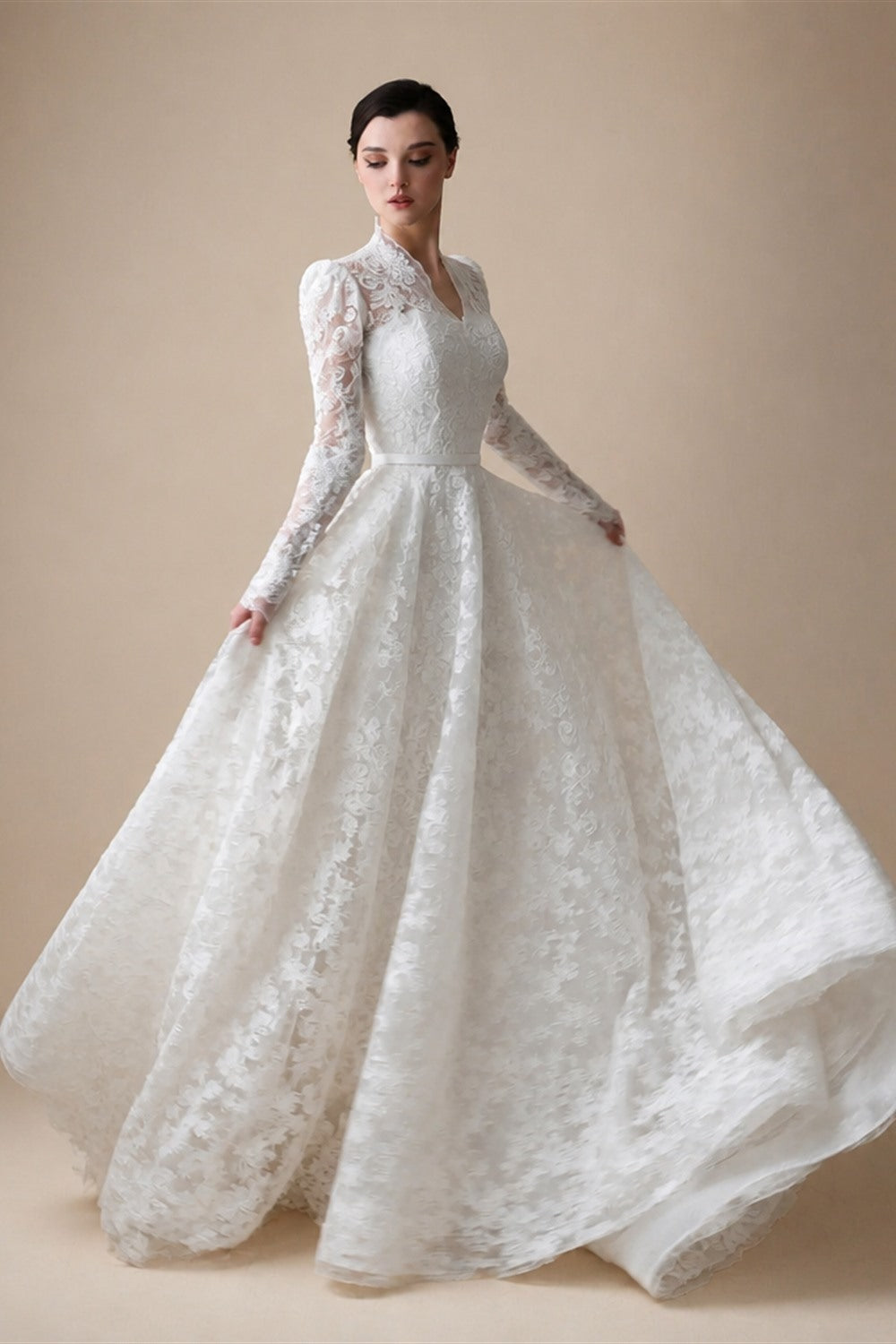 Elegant Printed Lace High Neck Wedding Dress with Train ZP171