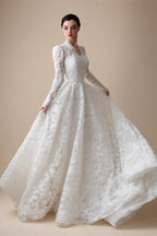Elegant Printed Lace High Neck Wedding Dress with Train ZP171