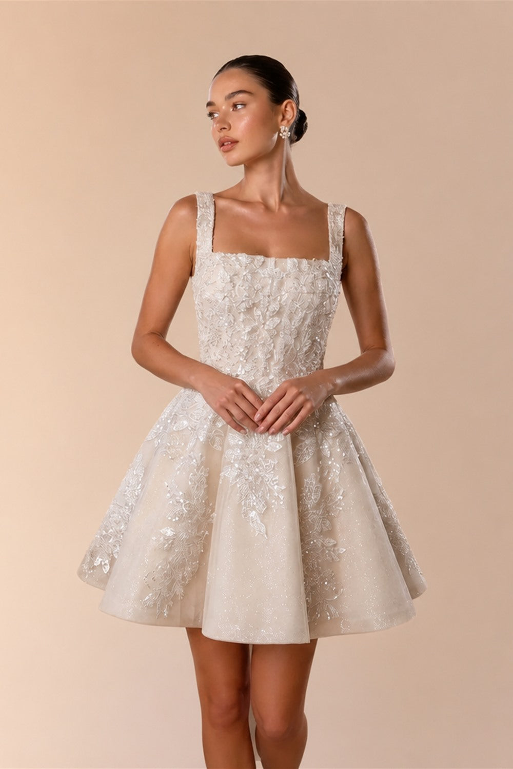 Romantic Champagne Sleeveless A-Line Short Wedding Dress with Deep V Back ZP046
