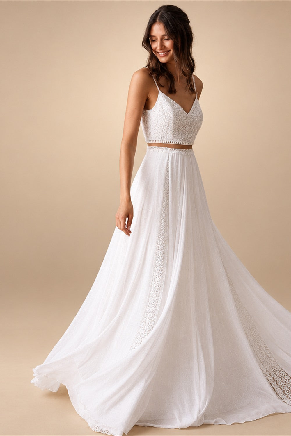 Two Piece Wedding Dress Lace Beach Off the Shoulder