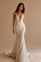 Sparkly Embroidery Beaded Lace Wedding Dress Sexy Deep V-neck Spaghetti Straps Bridal Gown Customized Mermaid Dresses For Bride
