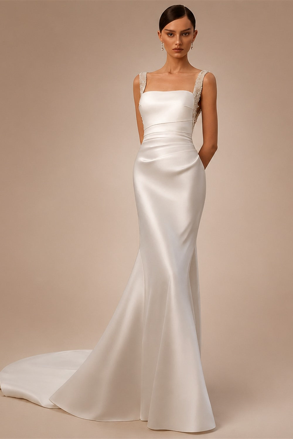 Luxury White Satin Beaded Overlay Mermaid Train Wedding Dress ZP130