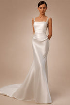 Luxury White Satin Beaded Overlay Mermaid Train Wedding Dress ZP130