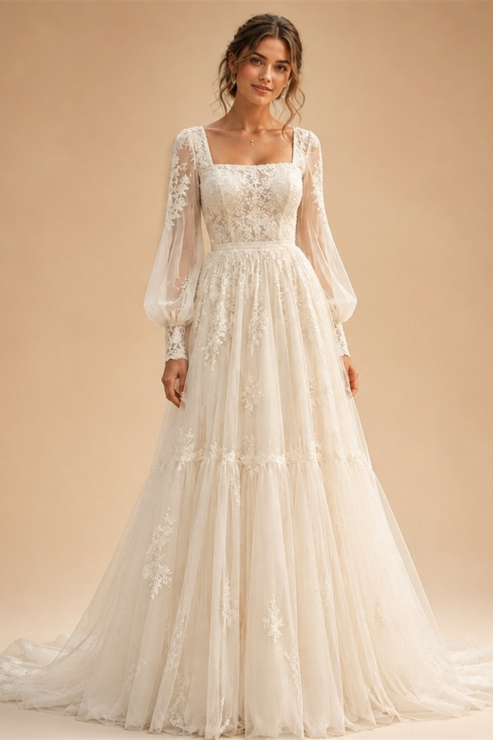 Vintage Square Neck Puff Long Sleeve Boho Wedding Dress Lace Applique Tulle A Line Bridal Gowns Tiered Wedding Gowns Customized