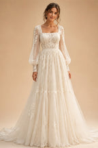 Vintage Square Neck Puff Long Sleeve Boho Wedding Dress Lace Applique Tulle A Line Bridal Gowns Tiered Wedding Gowns Customized