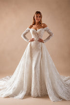 White Lace Mermaid Wedding Dress Off the Shoulder with Detachable Train and Long Sleeves ZP014