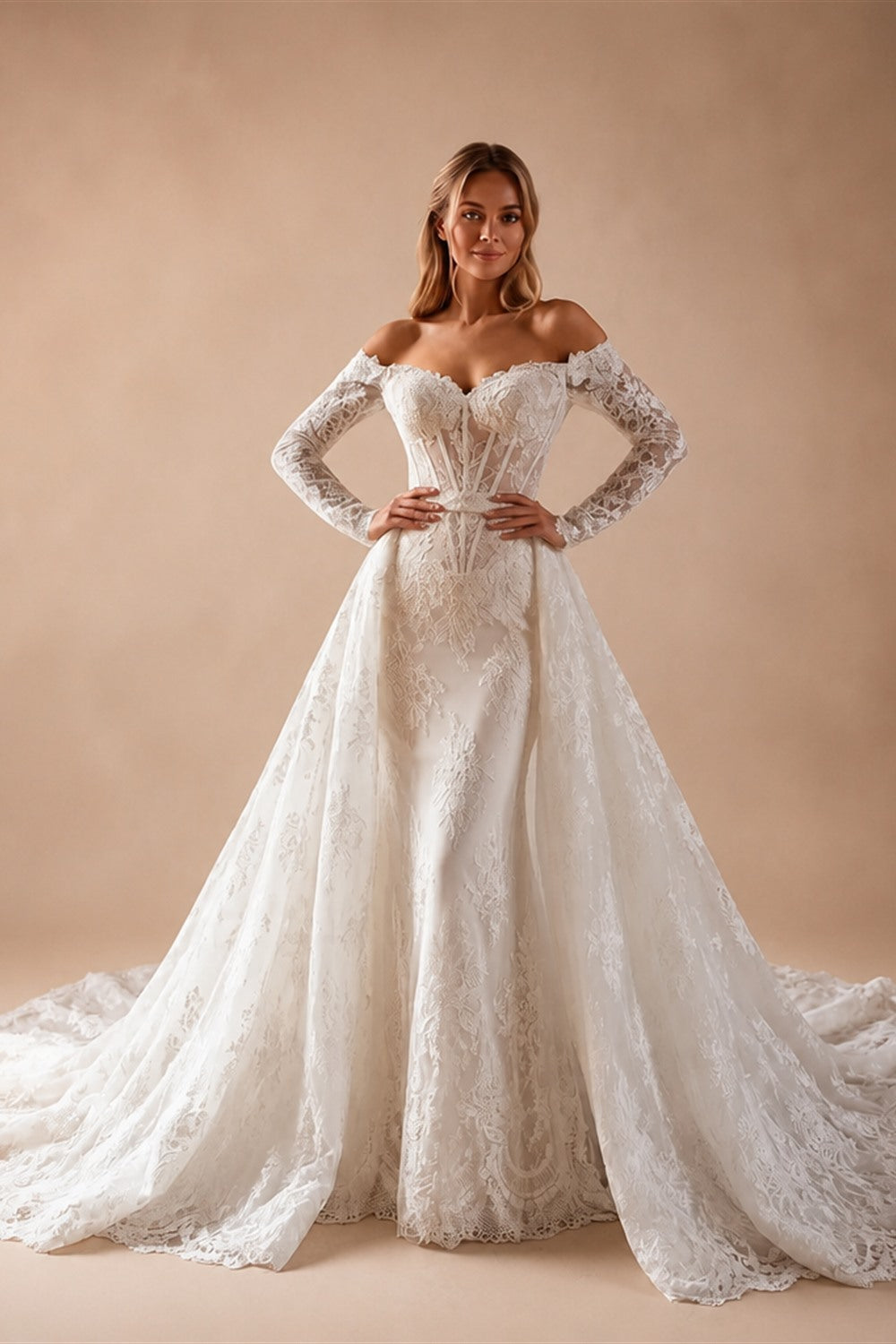 White Lace Mermaid Wedding Dress Off the Shoulder with Detachable Train and Long Sleeves ZP014
