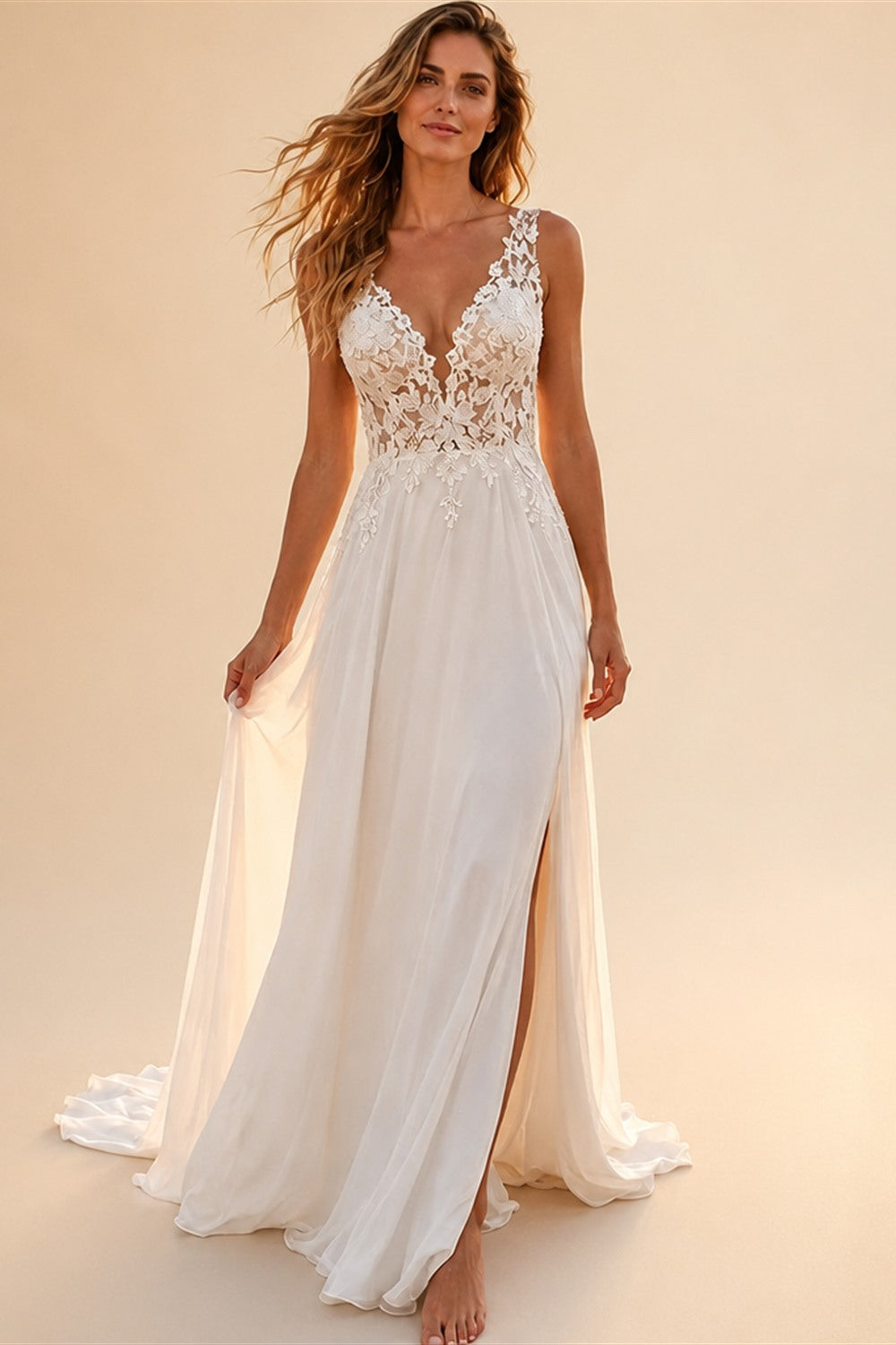 Elegant Deep V Lace Boho Wedding Dress Chiffon A Line Bridal Gowns High Split Low Back Wedding Gowns Vestido De Novia Customized