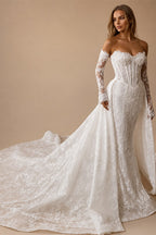 Alonlivn Customize Made Beauty Lace Fitted Beaded 2 In 1 Mermaid Wedding Gowns Trumpet Removable Train Bridal Gowns