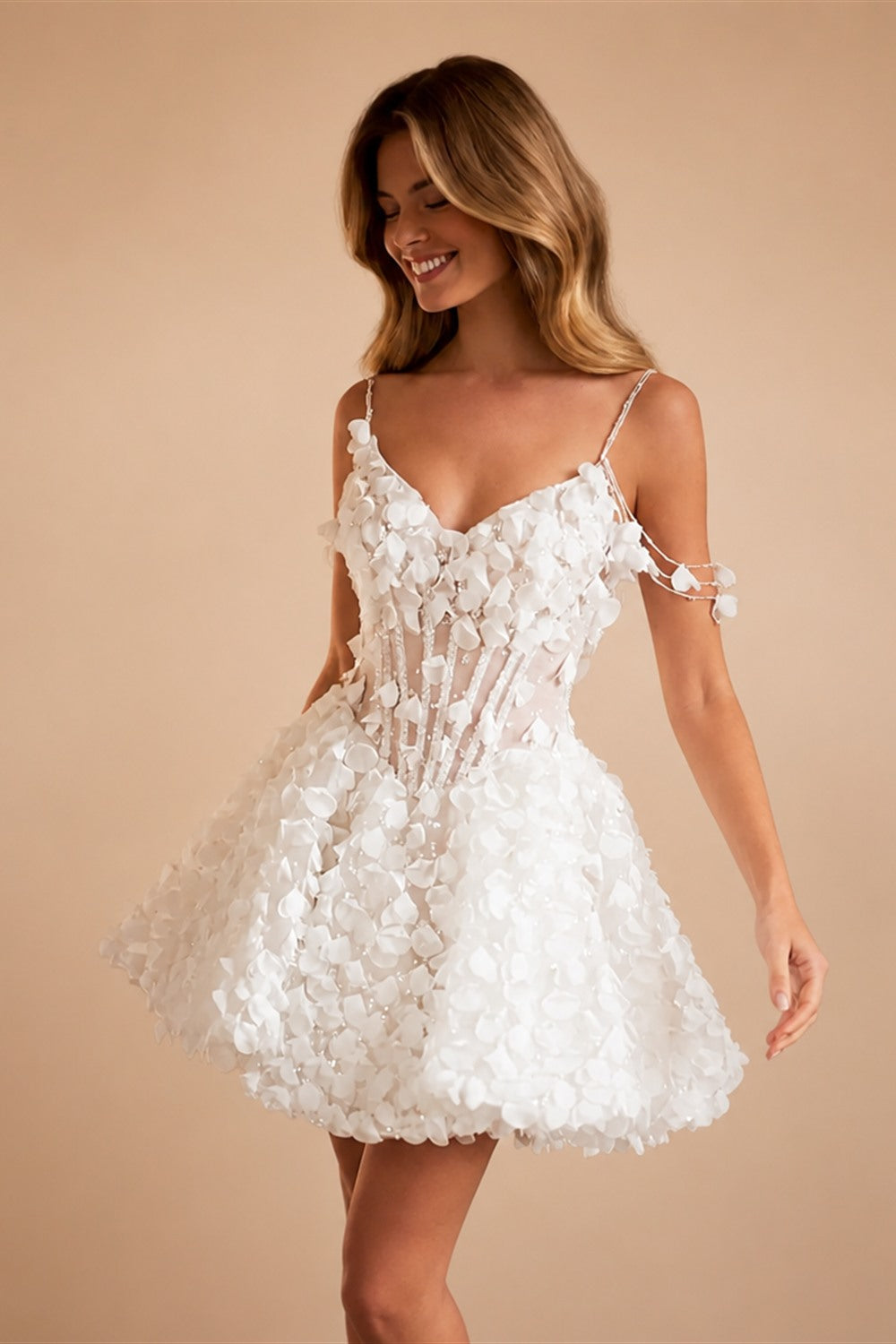 3D Petal Sheer Crystal Corset Mini Wedding Dresses ZP018