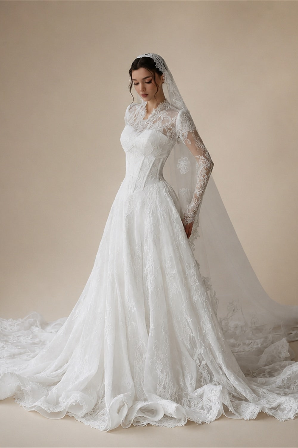 Romantic White Lace Long Sleeve A-Line Wedding Dress with Veil ZP109
