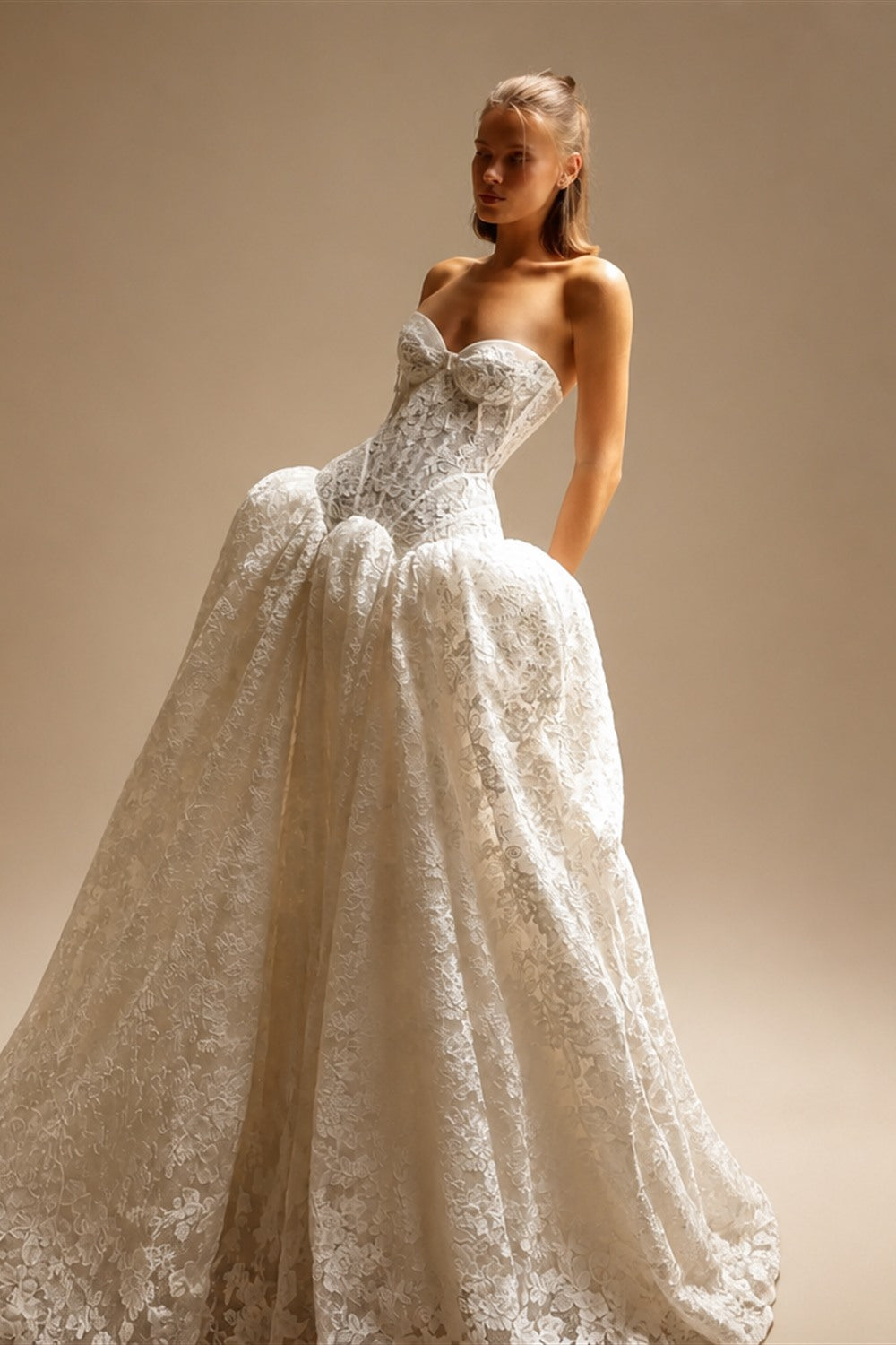 Bohemian Ivory Lace Strapless Ball Gown Wedding Dress ZP112