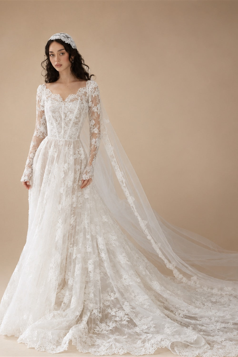 Whimsical Ivory Lace V-Neck Long Sleeve Wedding Dress with Veil ZP106