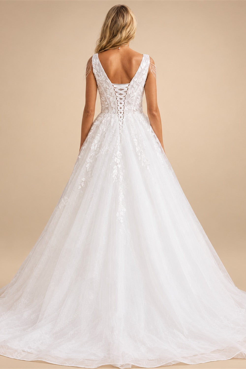 Custom Beaded V Neck Wedding Dress With Tassel And Lace Up Back
