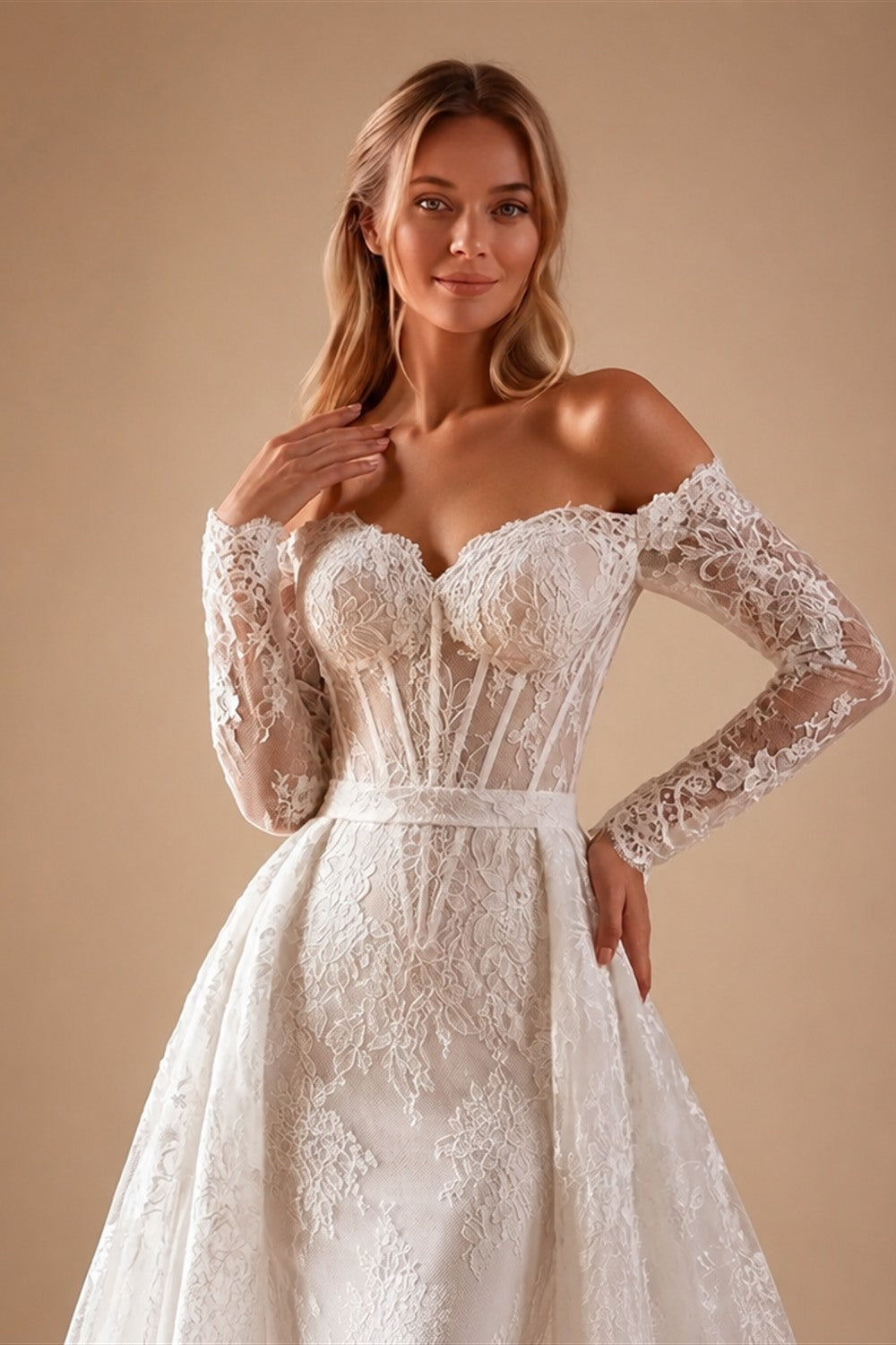 White Lace Mermaid Wedding Dress Off the Shoulder with Detachable Train and Long Sleeves ZP014