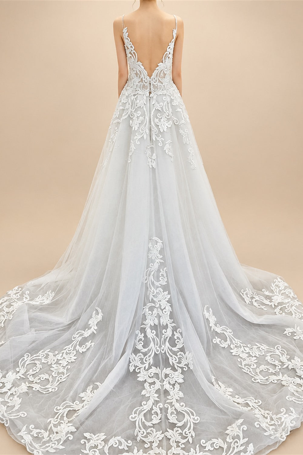 Flowy A Line Tulle V Neck Wedding Dress With Custom Made Beach Bridal Gown