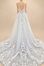 Flowy A Line Tulle V Neck Wedding Dress With Custom Made Beach Bridal Gown