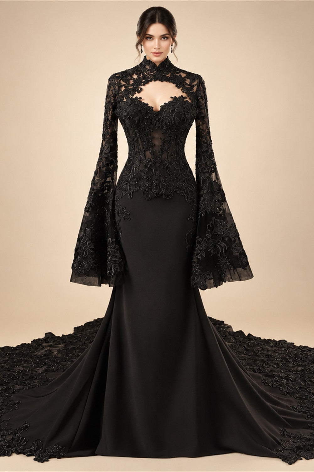 Black Luxury Gothic  Wedding Dress Sheer Lace Mermaid  ZP200