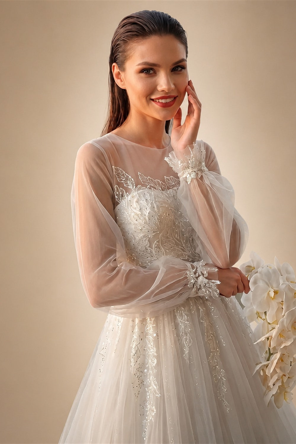 Elegant White Long Sheer Sleeve A-Line Tulle Wedding Dress with Lace Appliqués ZP057