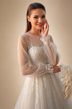 Elegant White Long Sheer Sleeve A-Line Tulle Wedding Dress with Lace Appliqués ZP057
