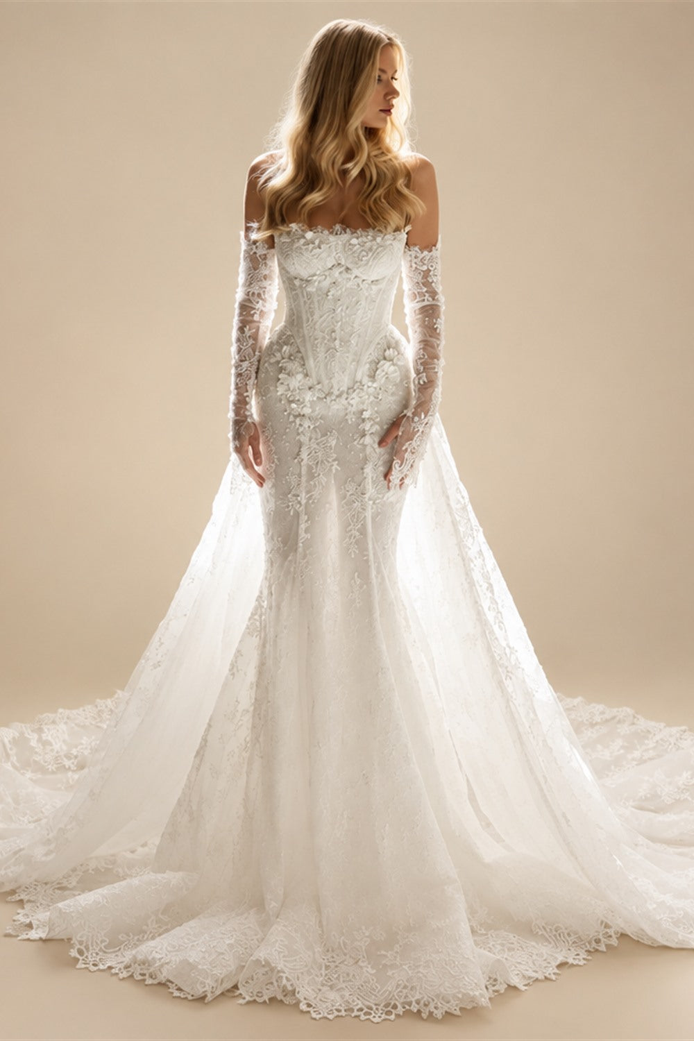 White Lace Applique Corset Bridal Gown with Cathedral Train ZP204