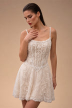 Luxury Ivory Beaded Lace Short Wedding Dress with Lace-Up Corset Back ZP059