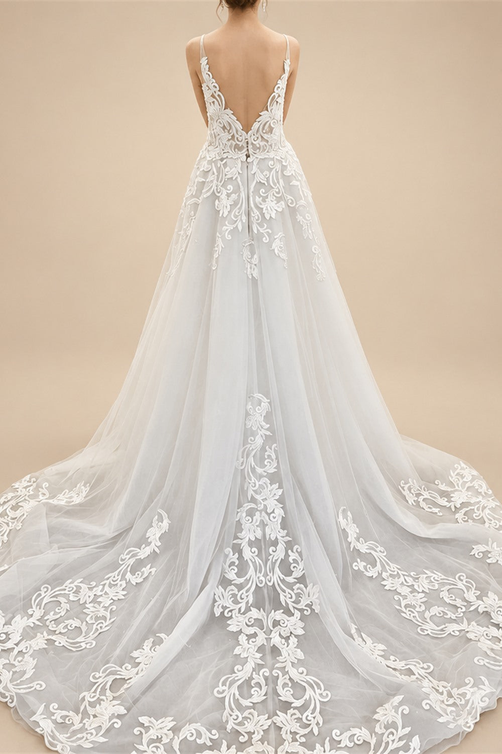 Flowy A Line Tulle V Neck Wedding Dress With Custom Made Beach Bridal Gown