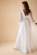 Plus Size Chiffon Wedding Dress With Long Sleeve V Neck And Open Back